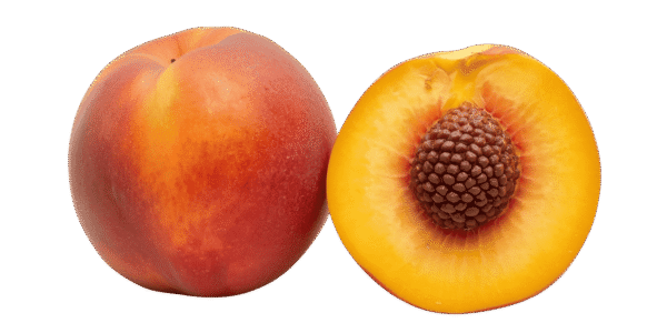 Two whole ripe peaches and one halved peach showing the pit and yellow flesh, resting on green leaves against a transparent background.