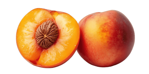 Two whole ripe peaches and one halved peach showing the pit and yellow flesh, resting on green leaves against a transparent background.
