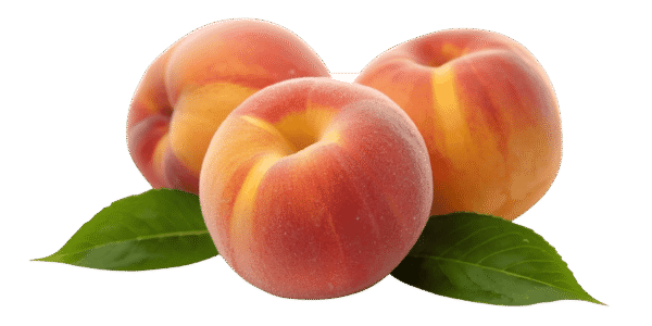 Two whole ripe peaches and one halved peach showing the pit and yellow flesh, resting on green leaves against a transparent background.