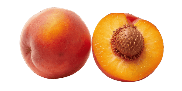 Two whole ripe peaches and one halved peach showing the pit and yellow flesh, resting on green leaves against a transparent background.