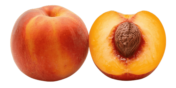 Two whole ripe peaches and one halved peach showing the pit and yellow flesh, resting on green leaves against a transparent background.