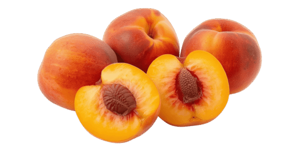 Two whole ripe peaches and one halved peach showing the pit and yellow flesh, resting on green leaves against a transparent background.