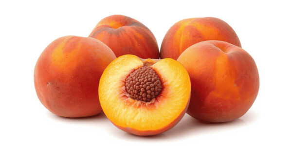 Two whole ripe peaches and one halved peach showing the pit and yellow flesh, resting on green leaves against a transparent background.