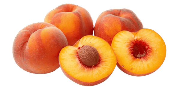 Two whole ripe peaches and one halved peach showing the pit and yellow flesh, resting on green leaves against a transparent background.
