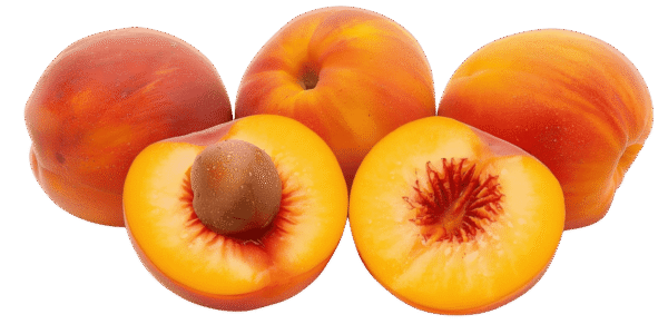 Two whole ripe peaches and one halved peach showing the pit and yellow flesh, resting on green leaves against a transparent background.