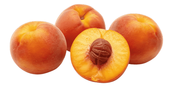 Two whole ripe peaches and one halved peach showing the pit and yellow flesh, resting on green leaves against a transparent background.