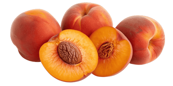 Two whole ripe peaches and one halved peach showing the pit and yellow flesh, resting on green leaves against a transparent background.