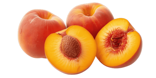 Two whole ripe peaches and one halved peach showing the pit and yellow flesh, resting on green leaves against a transparent background.