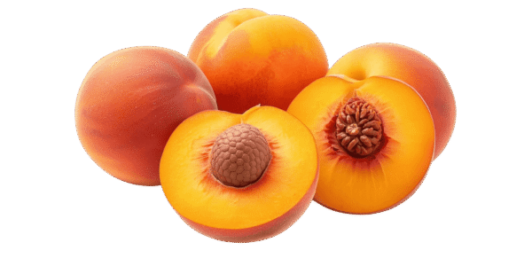 Two whole ripe peaches and one halved peach showing the pit and yellow flesh, resting on green leaves against a transparent background.