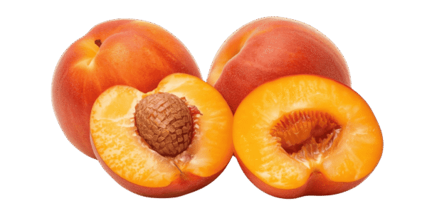 Two whole ripe peaches and one halved peach showing the pit and yellow flesh, resting on green leaves against a transparent background.