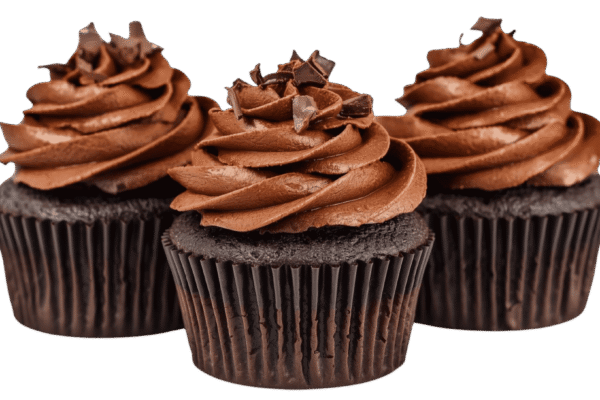 Two chocolate cupcakes with swirled chocolate frosting on transparent background
