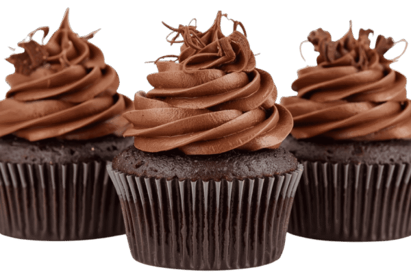 Two chocolate cupcakes with swirled chocolate frosting on transparent background