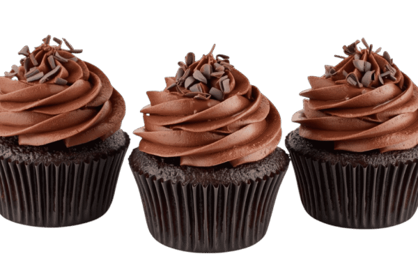 Two chocolate cupcakes with swirled chocolate frosting on transparent background