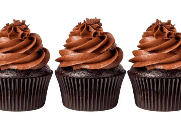 Two chocolate cupcakes with swirled chocolate frosting on transparent background