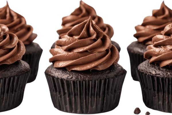 Two chocolate cupcakes with swirled chocolate frosting on transparent background