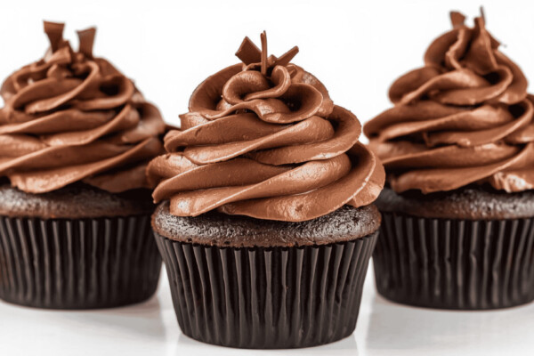 Two chocolate cupcakes with swirled chocolate frosting on transparent background