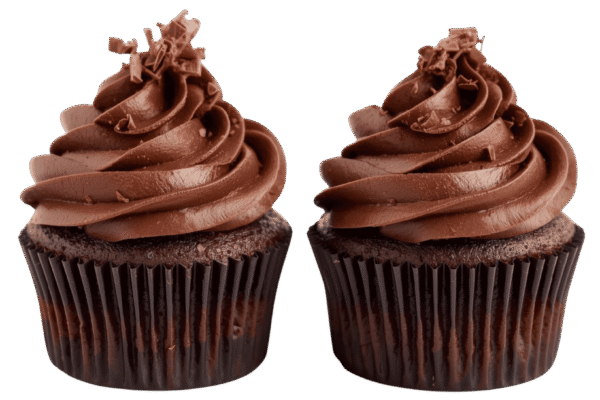 Two chocolate cupcakes with swirled chocolate frosting on transparent background
