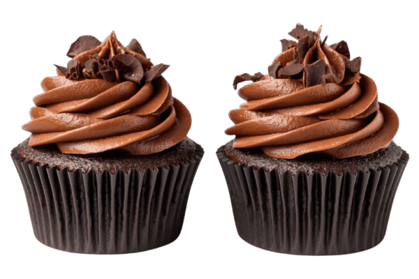 Two chocolate cupcakes with swirled chocolate frosting on transparent background