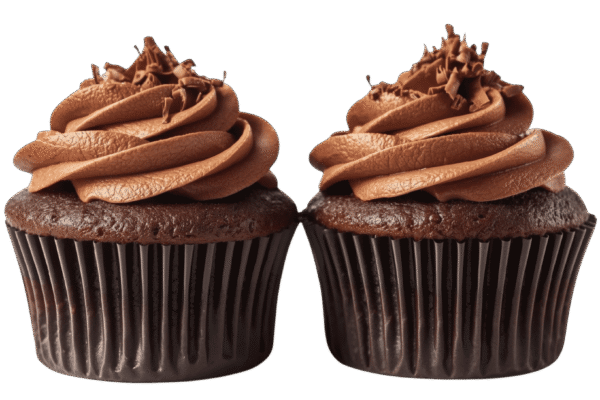 Two chocolate cupcakes with swirled chocolate frosting on transparent background