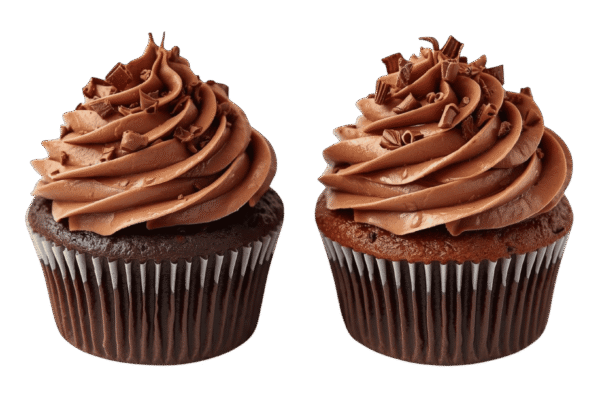 Two chocolate cupcakes with swirled chocolate frosting on transparent background