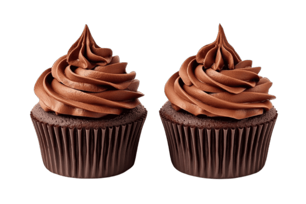 Two chocolate cupcakes with swirled chocolate frosting on transparent background