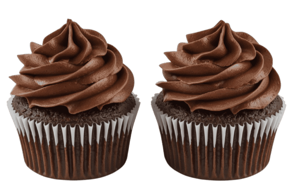 Two chocolate cupcakes with swirled chocolate frosting on transparent background