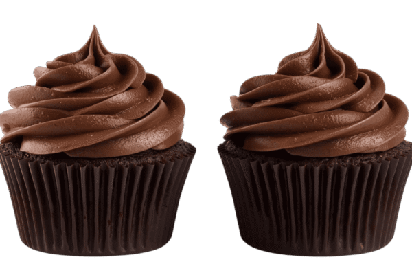 Two chocolate cupcakes with swirled chocolate frosting on transparent background