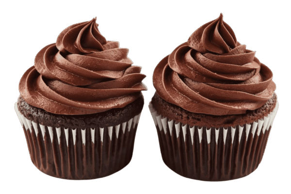 Two chocolate cupcakes with swirled chocolate frosting on transparent background