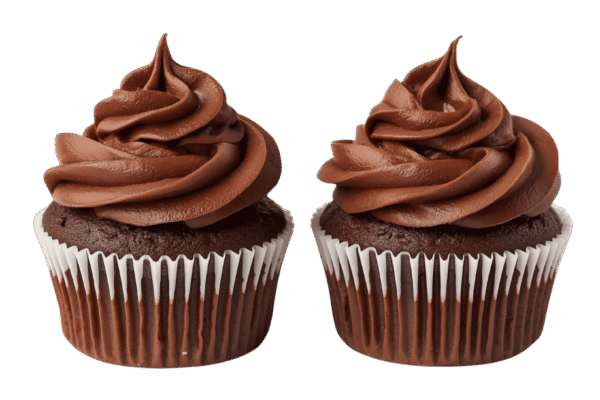 Two chocolate cupcakes with swirled chocolate frosting on transparent background