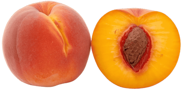 Two whole ripe peaches and one halved peach showing the pit and yellow flesh, resting on green leaves against a transparent background.