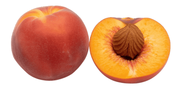 Two whole ripe peaches and one halved peach showing the pit and yellow flesh, resting on green leaves against a transparent background.