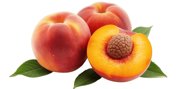 Two whole ripe peaches and one halved peach showing the pit and yellow flesh, resting on green leaves against a transparent background.