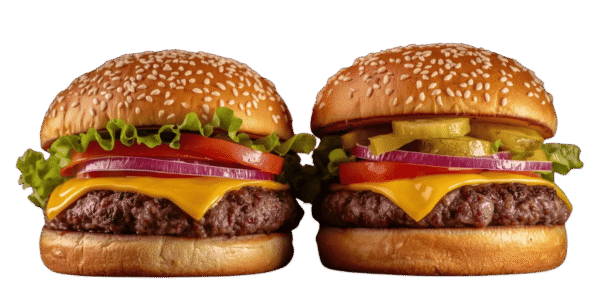 Two cheeseburgers side by side on a solid teal background, each with a sesame seed bun, beef patty, melted cheese, tomato slices, red onion, pickles, and leafy lettuce.