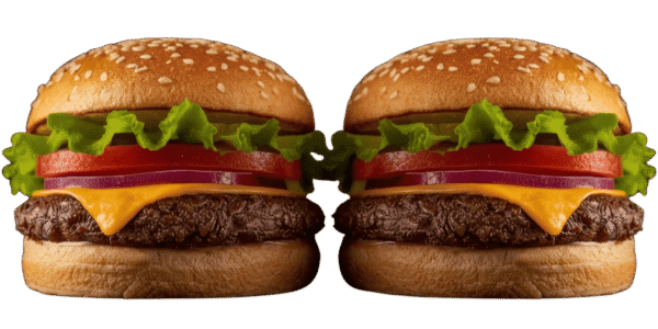 Two cheeseburgers side by side on a solid teal background, each with a sesame seed bun, beef patty, melted cheese, tomato slices, red onion, pickles, and leafy lettuce.