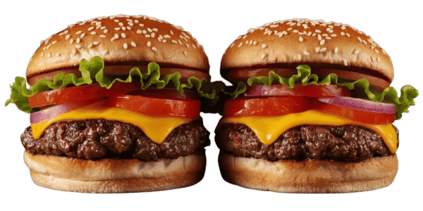 Two cheeseburgers side by side on a solid teal background, each with a sesame seed bun, beef patty, melted cheese, tomato slices, red onion, pickles, and leafy lettuce.