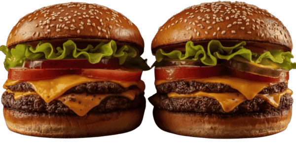 Two cheeseburgers side by side on a solid teal background, each with a sesame seed bun, beef patty, melted cheese, tomato slices, red onion, pickles, and leafy lettuce.