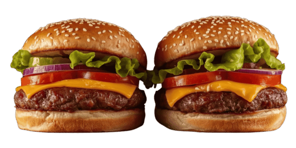 Two cheeseburgers side by side on a solid teal background, each with a sesame seed bun, beef patty, melted cheese, tomato slices, red onion, pickles, and leafy lettuce.