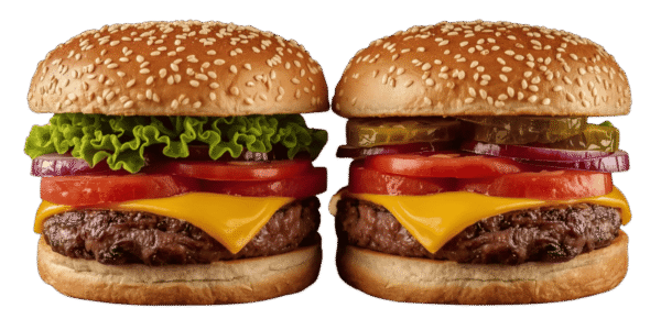 Two cheeseburgers side by side on a solid teal background, each with a sesame seed bun, beef patty, melted cheese, tomato slices, red onion, pickles, and leafy lettuce.