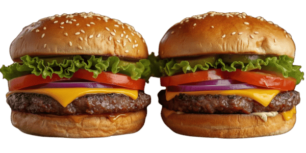 Two cheeseburgers side by side on a solid teal background, each with a sesame seed bun, beef patty, melted cheese, tomato slices, red onion, pickles, and leafy lettuce.