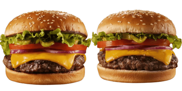Two cheeseburgers side by side on a solid teal background, each with a sesame seed bun, beef patty, melted cheese, tomato slices, red onion, pickles, and leafy lettuce.