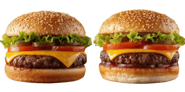 Two cheeseburgers side by side on a solid teal background, each with a sesame seed bun, beef patty, melted cheese, tomato slices, red onion, pickles, and leafy lettuce.