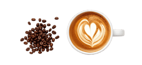 Top view of a latte coffee cup with heart-shaped latte art, placed beside a pile of roasted coffee beans on a plain background.