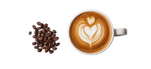 Top view of a latte coffee cup with heart-shaped latte art, placed beside a pile of roasted coffee beans on a plain background.