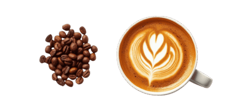 Top view of a latte coffee cup with heart-shaped latte art, placed beside a pile of roasted coffee beans on a plain background.