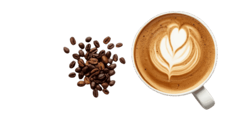 Top view of a latte coffee cup with heart-shaped latte art, placed beside a pile of roasted coffee beans on a plain background.