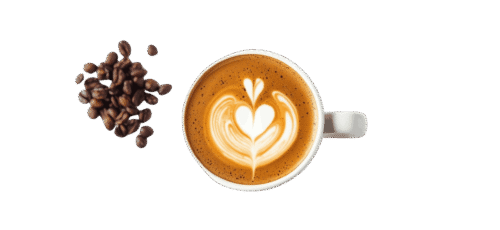 Top view of a latte coffee cup with heart-shaped latte art, placed beside a pile of roasted coffee beans on a plain background.
