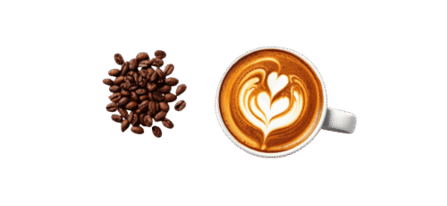 Top view of a latte coffee cup with heart-shaped latte art, placed beside a pile of roasted coffee beans on a plain background.
