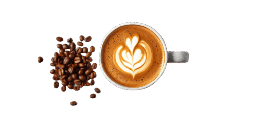 Top view of a latte coffee cup with heart-shaped latte art, placed beside a pile of roasted coffee beans on a plain background.