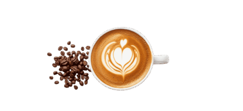Top view of a latte coffee cup with heart-shaped latte art, placed beside a pile of roasted coffee beans on a plain background.