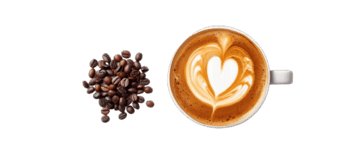 Top view of a latte coffee cup with heart-shaped latte art, placed beside a pile of roasted coffee beans on a plain background.